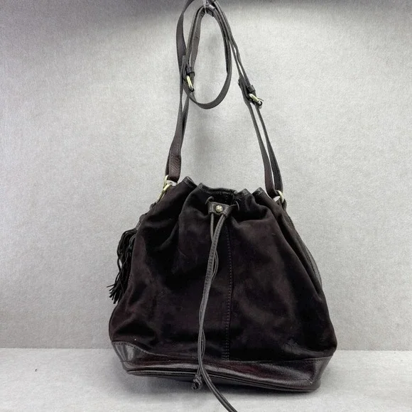Patricia Nash Bag Womens Medium Dark Brown Suede Bucket Drawstring Fringe - Picture 2 of 16